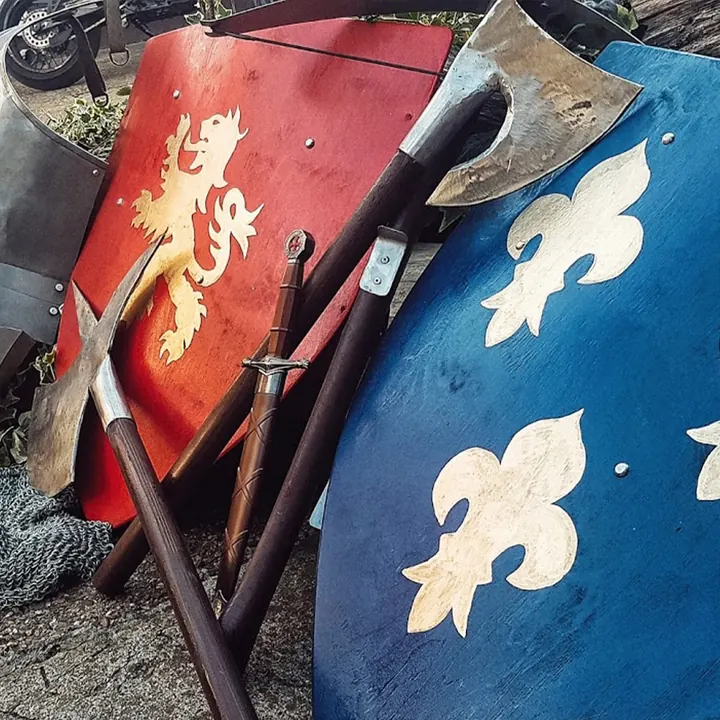 Roter Schild mit Löwe und blauer Schild mit Lilien