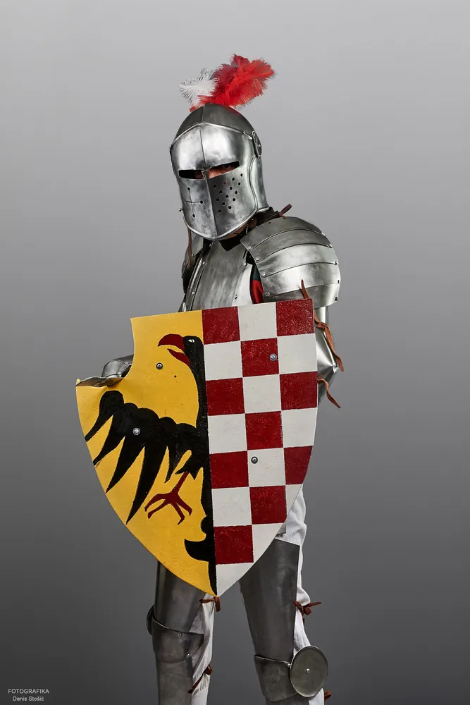 Chevalier en armure de plates avec un bouclier échiqueté, réalisé par Pavel Butolen