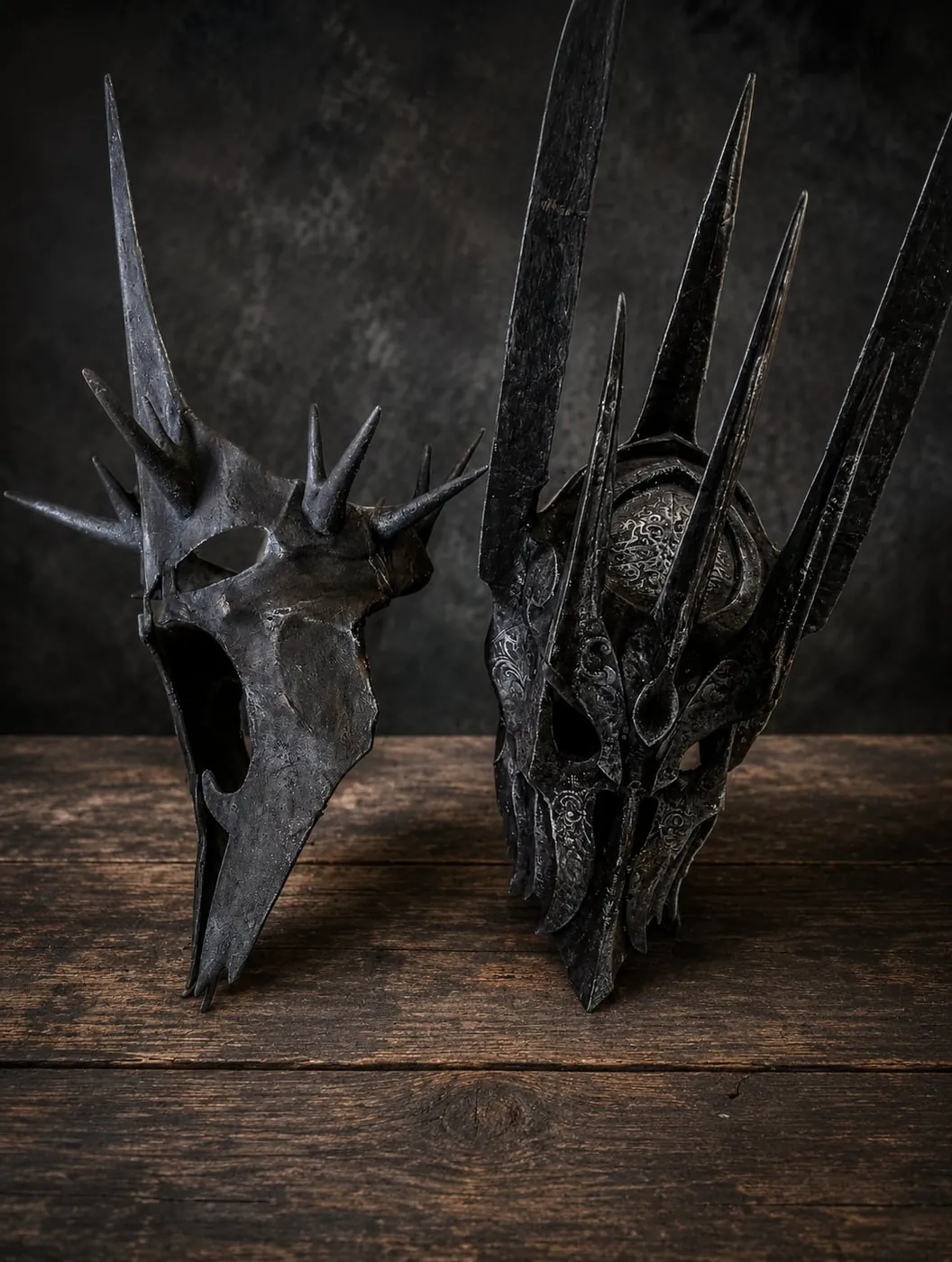 Deux casques fantasy sombres à pointes, réalisés par Pavel Butolen