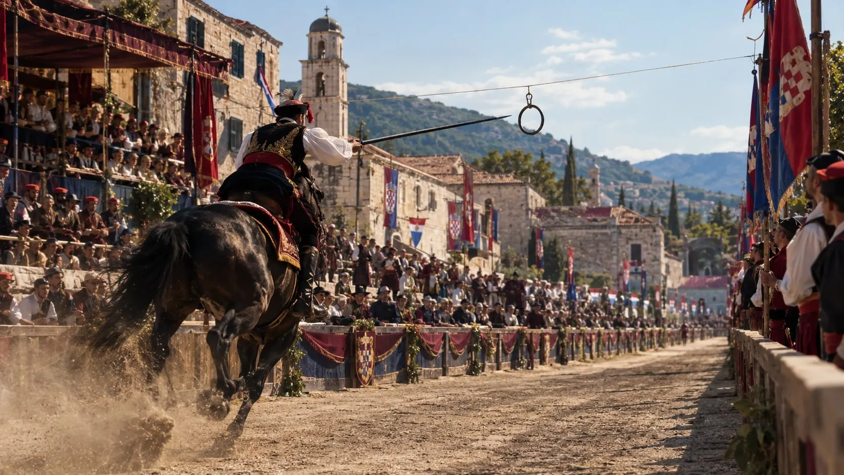 An alkar at full gallop aims his lance at the ring in front of packed stands and banners