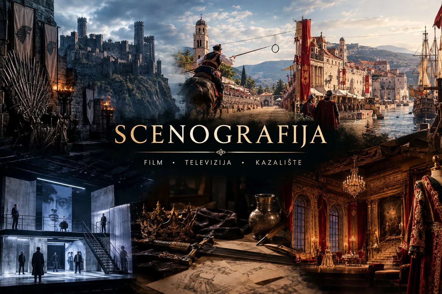 Scenography collage for film, television and theatre: a throne of swords, the Republic of Dubrovnik, the Sinjska alka, theatre sets and props