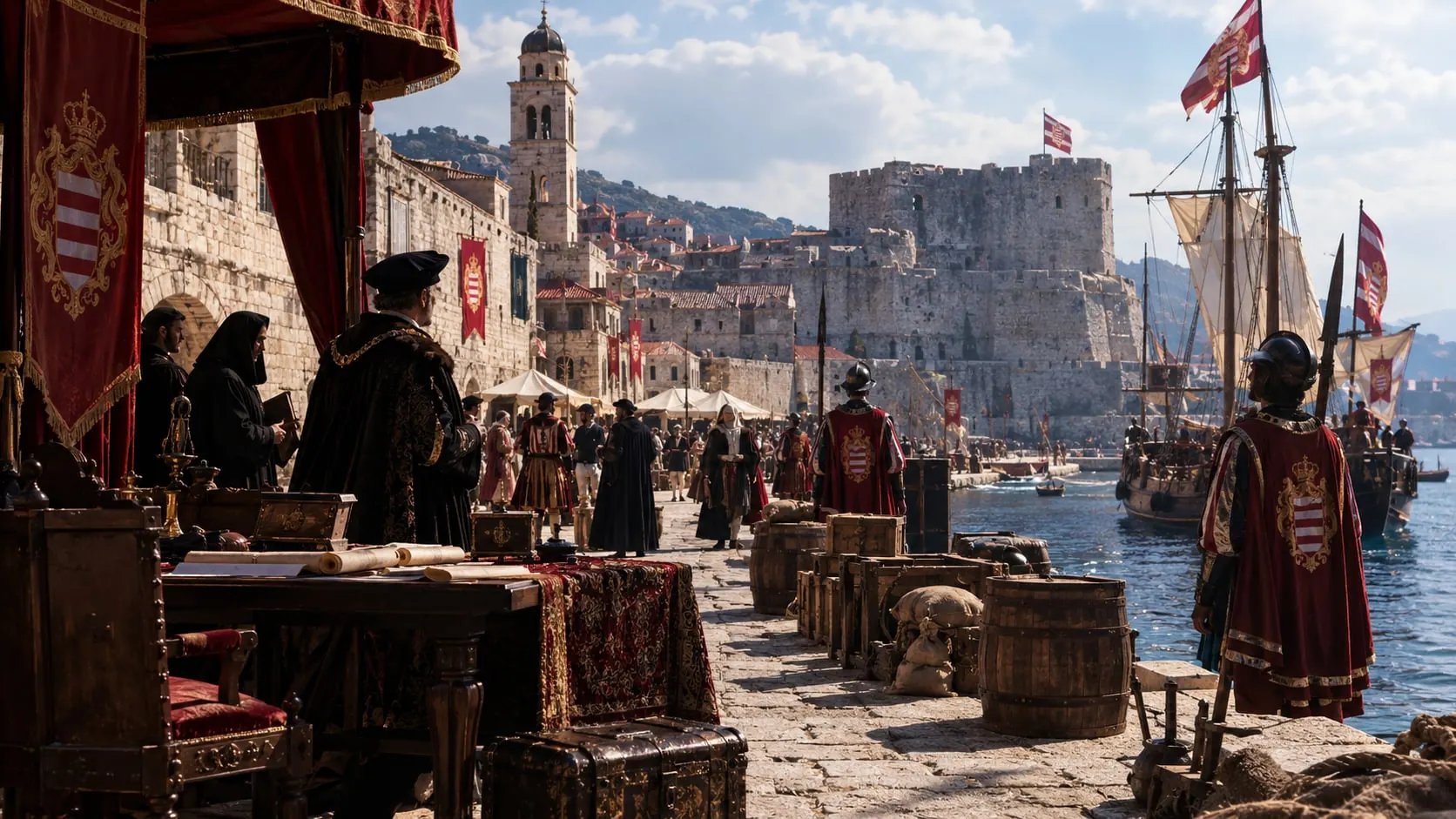 The harbour of the Republic of Dubrovnik with noblemen, guards in uniforms bearing the coat of arms, banners and sailing ships